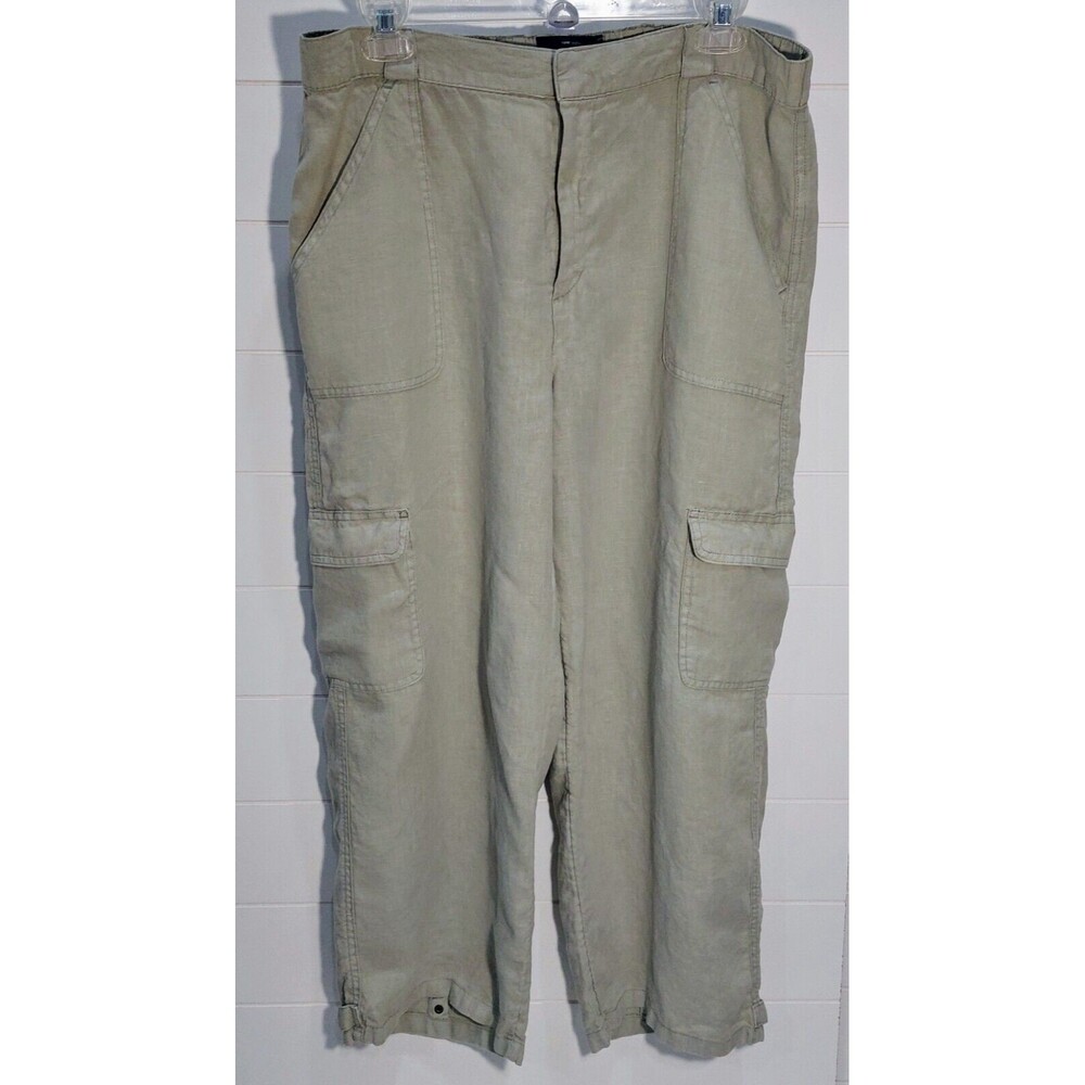 Nicole Miller Women's XL Linen Wide Leg Cargo Cropped Green Adjustable Cuff